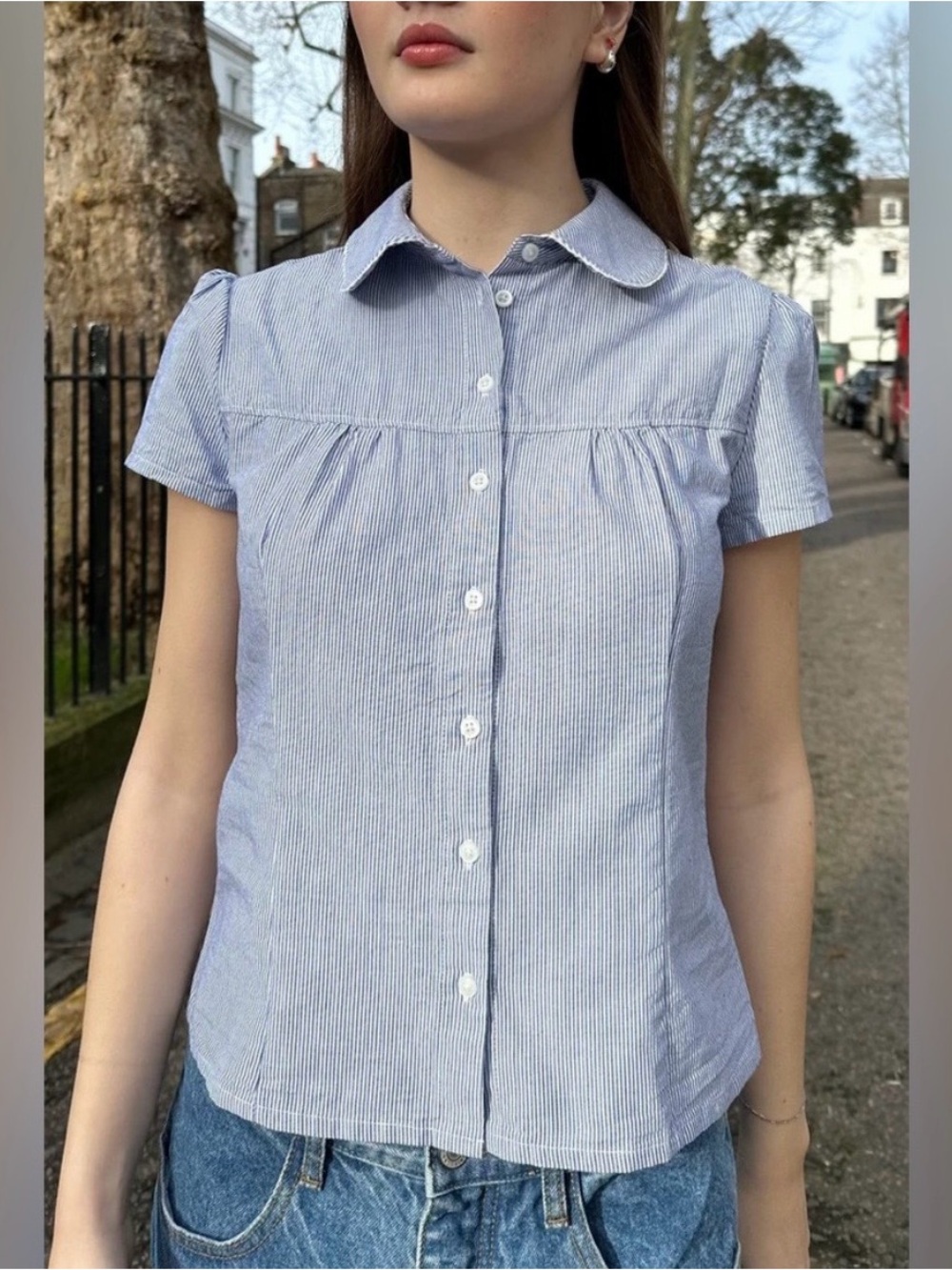 Brandy Melville John Galt Blue & White Striped Teagan Collared Top